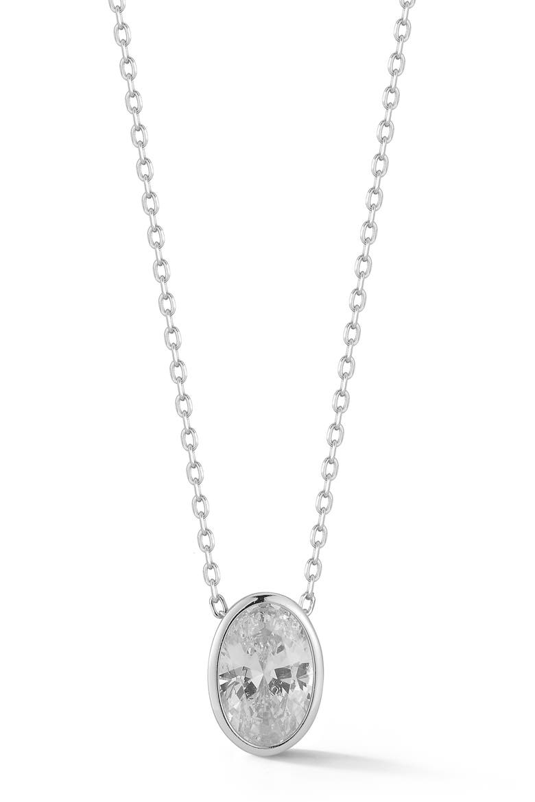 Oval Cubic Zirconia Solitaire Pendant Necklace, Main, color, SILVER