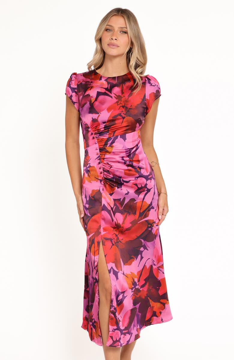 Petal & Pup Lisbeth Floral Cap Sleeve Satin Midi Dress, Alternate, color, Magenta Floral
