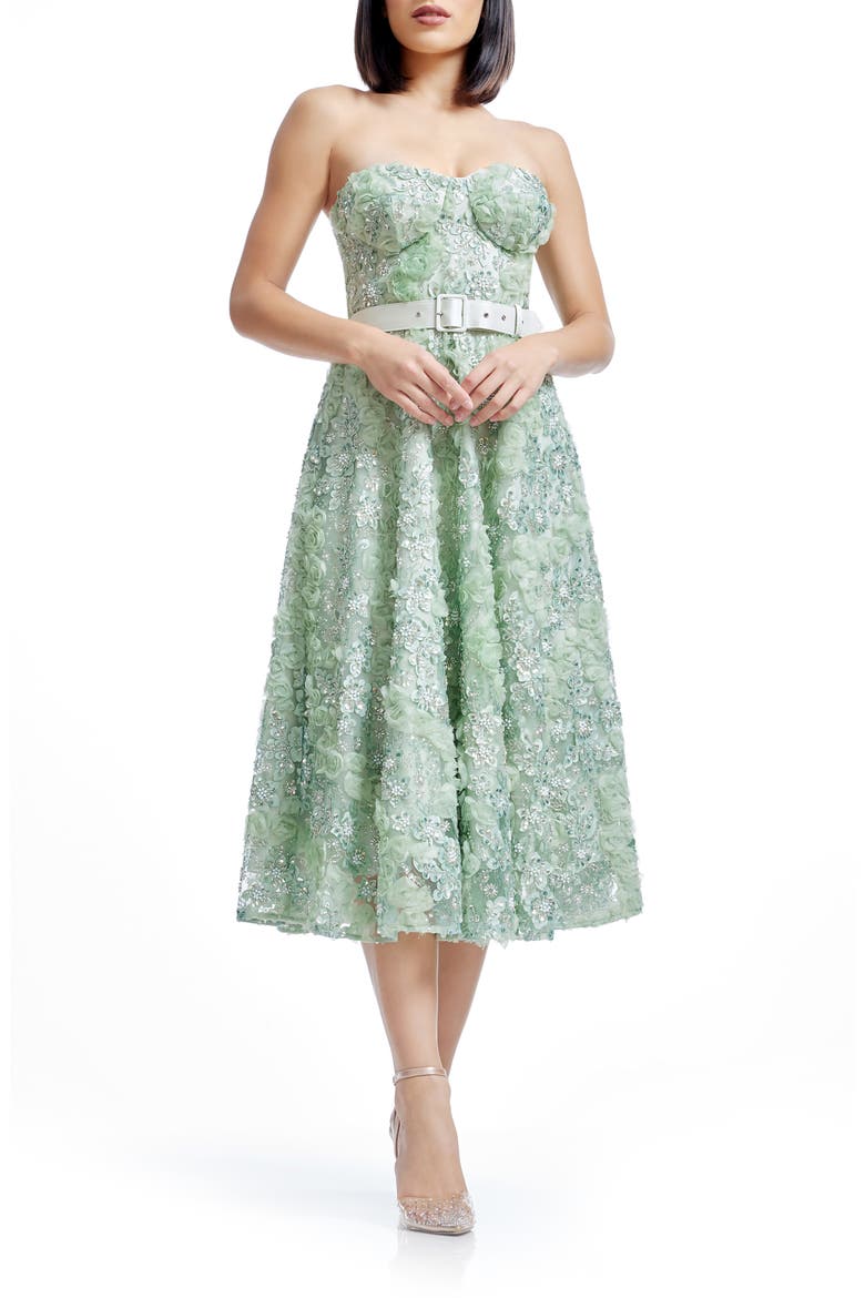 Mabel Beaded Floral Appliqué Strapless Belted Cocktail Dress<br> Mabel Embroidered Floral Strapless Cocktail Dress, Main, color, SAGE MULTI