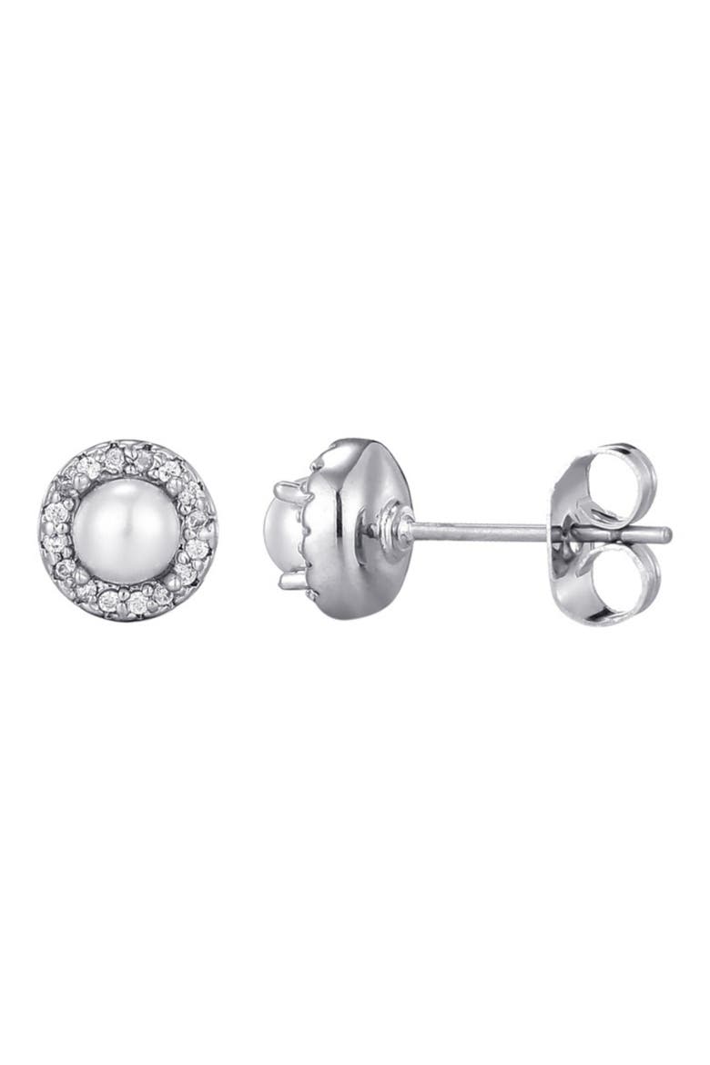 Pavé Halo Freshwater Pearl Stud Earrings, Main, color, SILVER