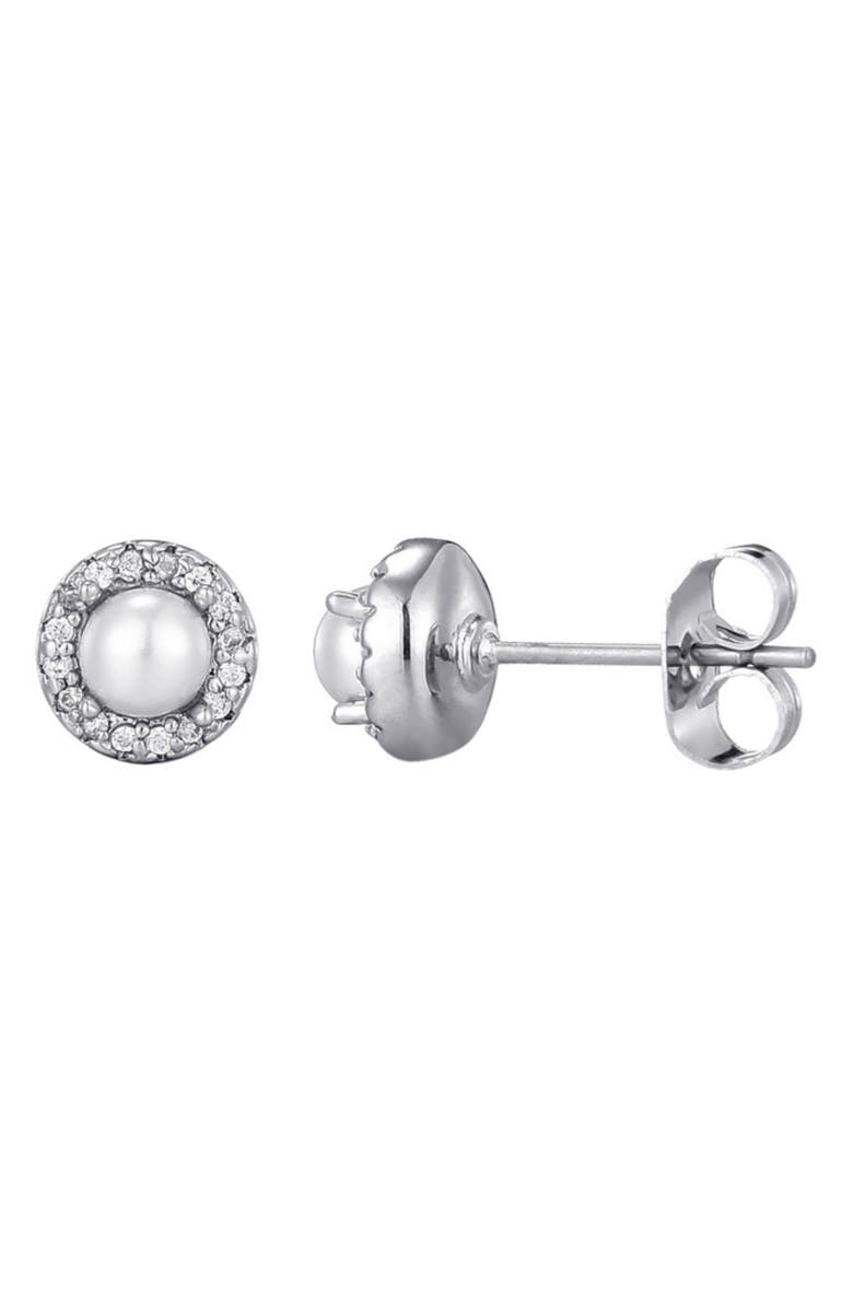 Adornia Pavé Halo Freshwater Pearl Stud Earrings, Main, color, Silver