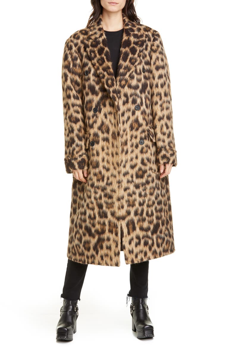 R13 Leopard Print Wool & Alpaca Double Breasted Coat, Main, color, 