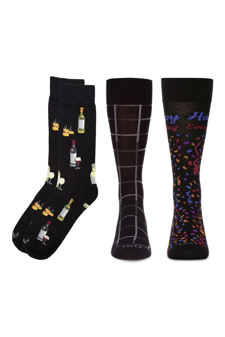 Festivities Assorted 3-Pack Novelty Crew Socks, Main, color, BLACK