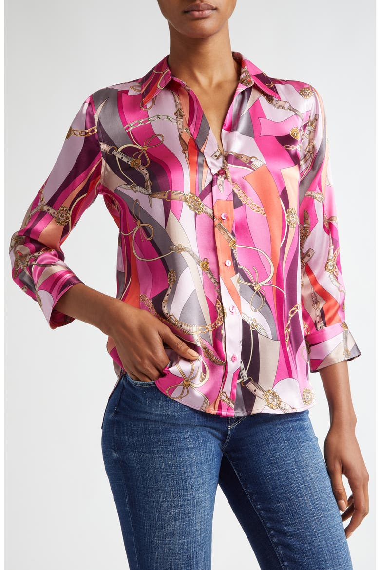 Dani Mixed Print Silk Button-Up Shirt, Alternate, color, PINK MULTI
