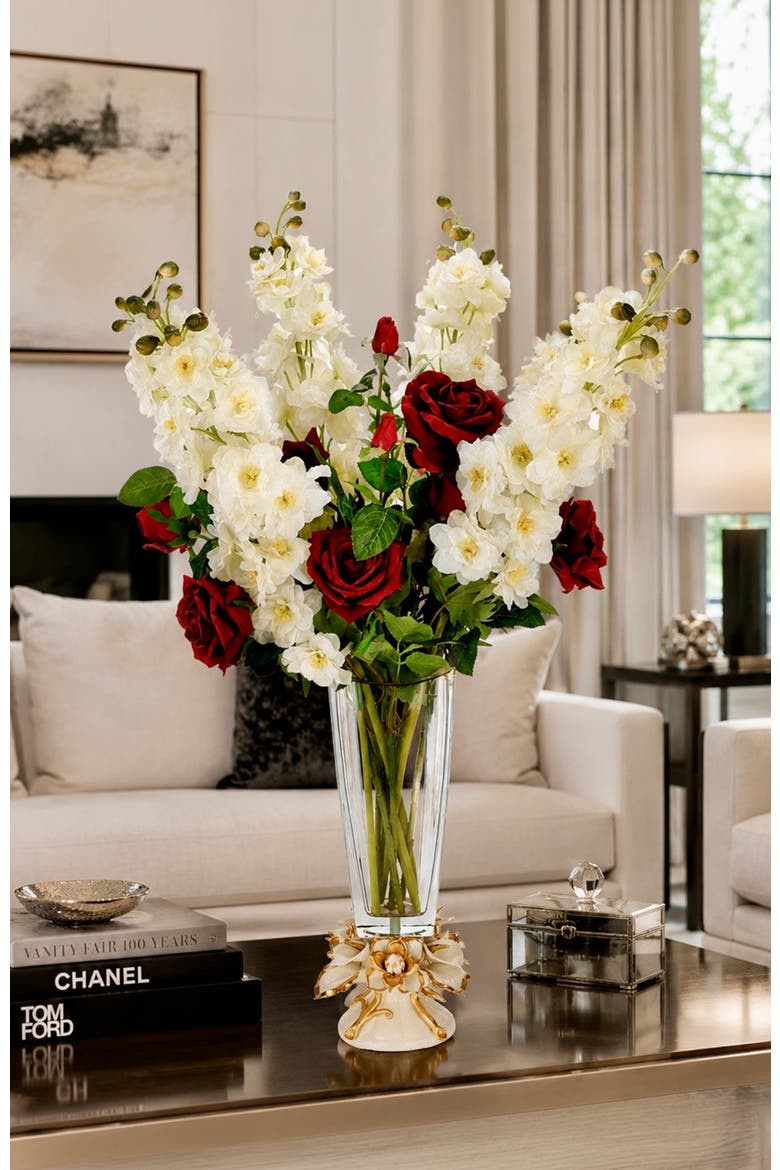 Garden Rose and Delphinium in Vase, Alternate, color, Red
