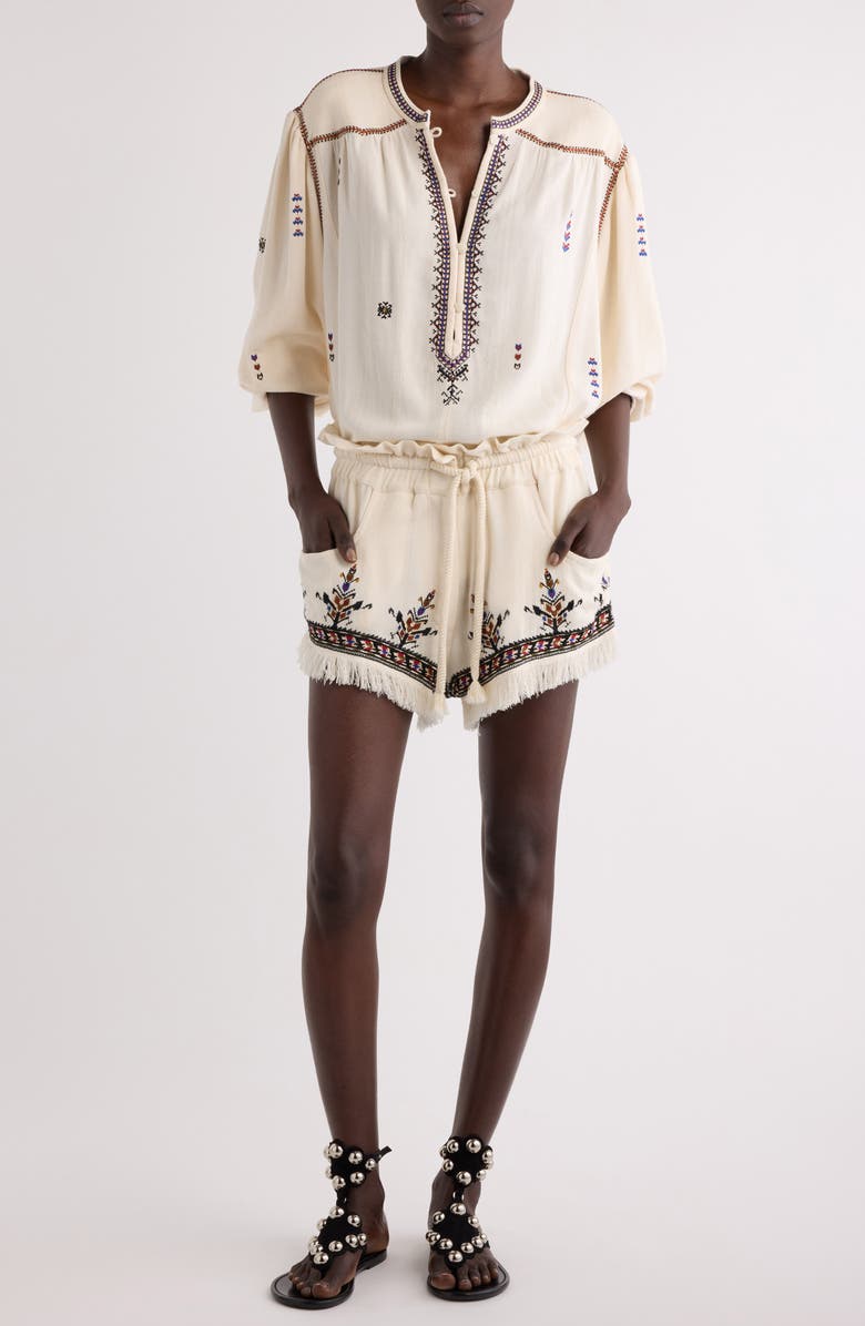 Isabel Marant Étoile Kriss Embroidered Fringed Paperbag Waist Shorts, Alternate, color, Ecru
