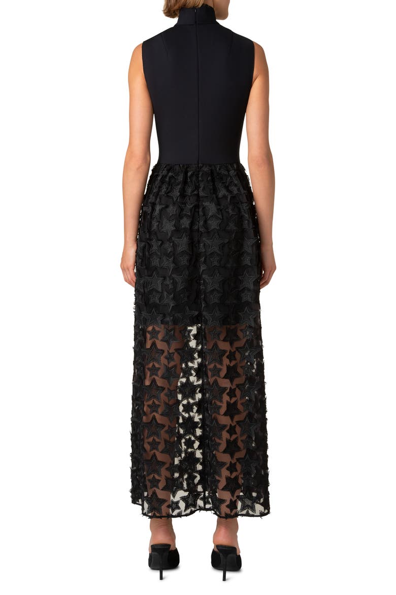 3D Star Embroidered Jersey & Tulle Midi Dress, Alternate, color, BLACK