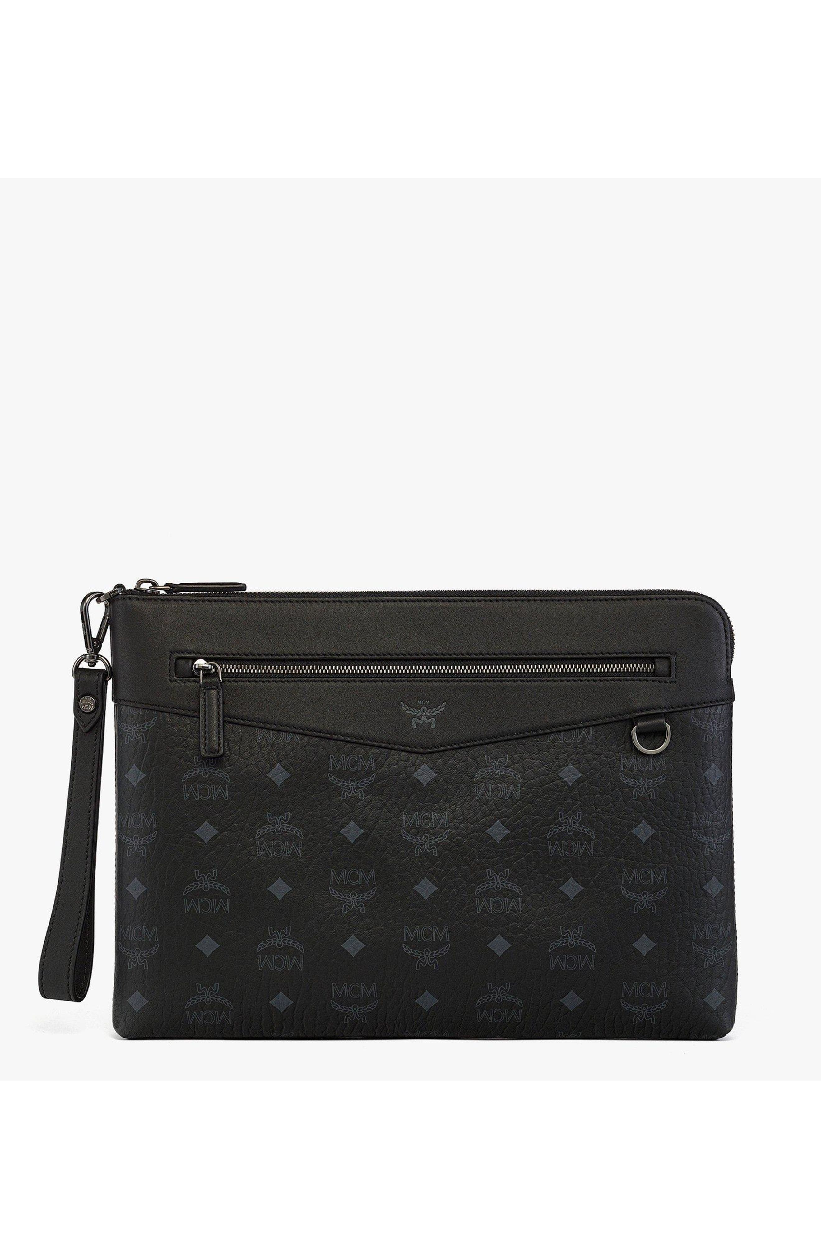 MCM Diamond Wristlet Pouch in Visetos, Main, color, Black