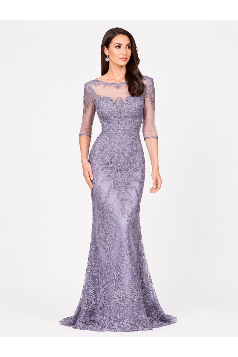 Beaded Faux-Wrap V-Neck Bridal Gown, Alternate, color, Grey Blue