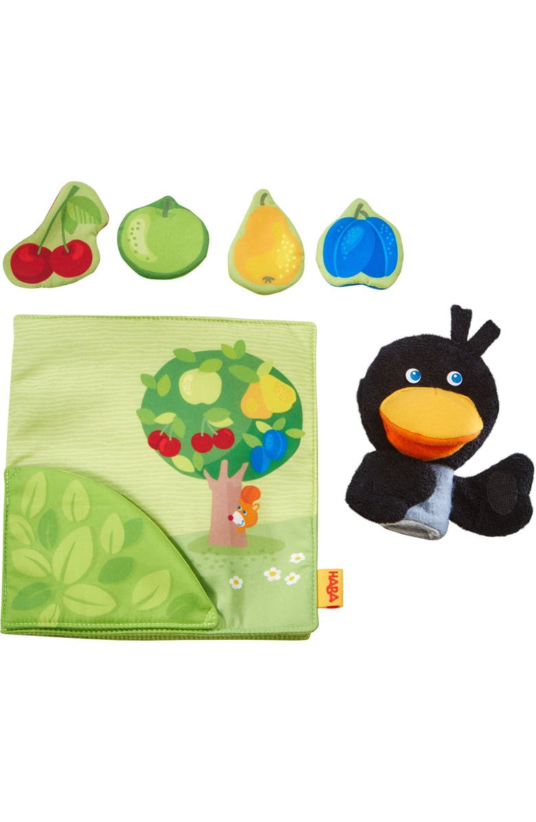 HABA Baby Soft Book and Interactive Busy Book for Babies 6-12 Months, Orchard Theme with Raven Finger Puppet and Fruit Basket, Alternate, color, Multi