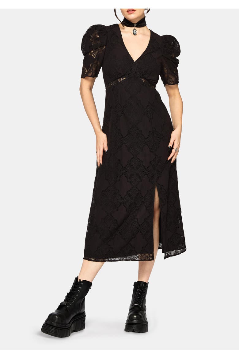 Zephyr Crossed Lace V-Neck Midi Dress, Main, color, Black