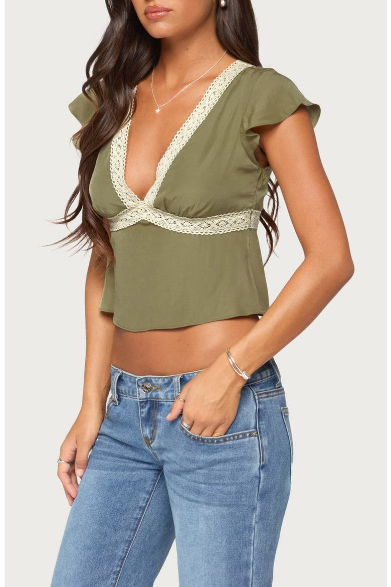 Kaela Lace Trim Flutter Sleeve Top, Alternate, color, OLIVE
