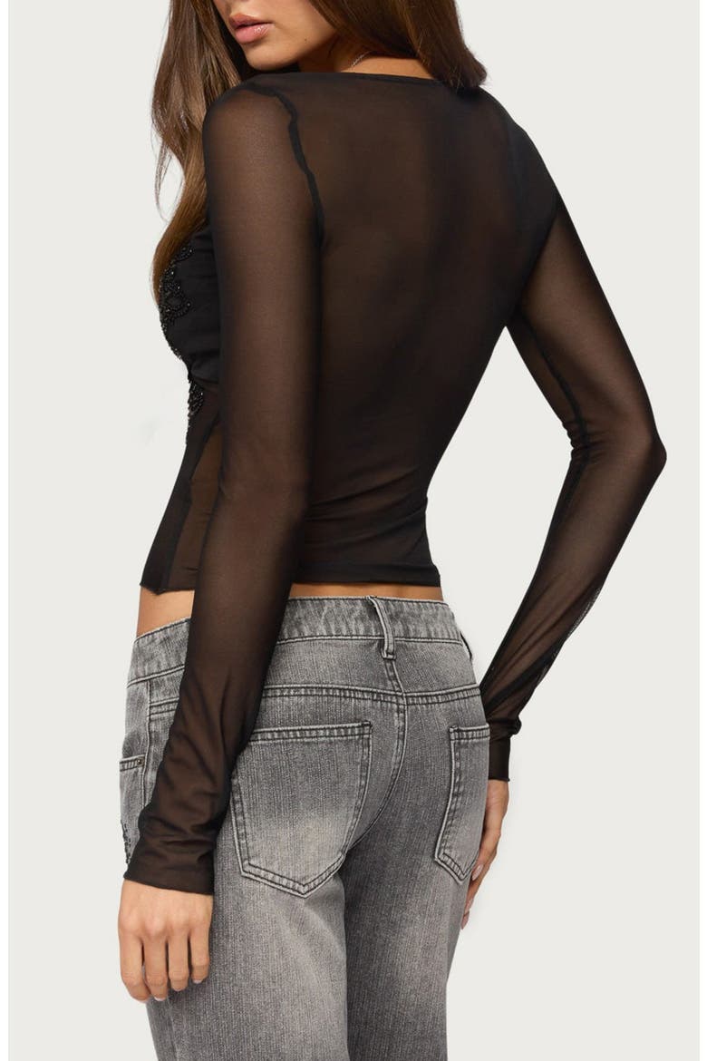 Sarla Beaded Sheer Mesh Tie Top, Alternate, color, BLACK