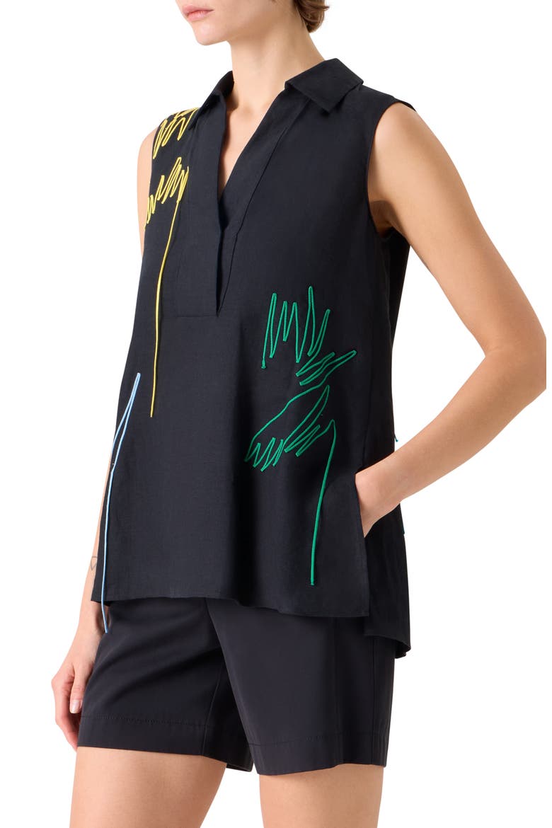 Scribble Embroidered Linen A-Line Shirt, Alternate, color, BLACK