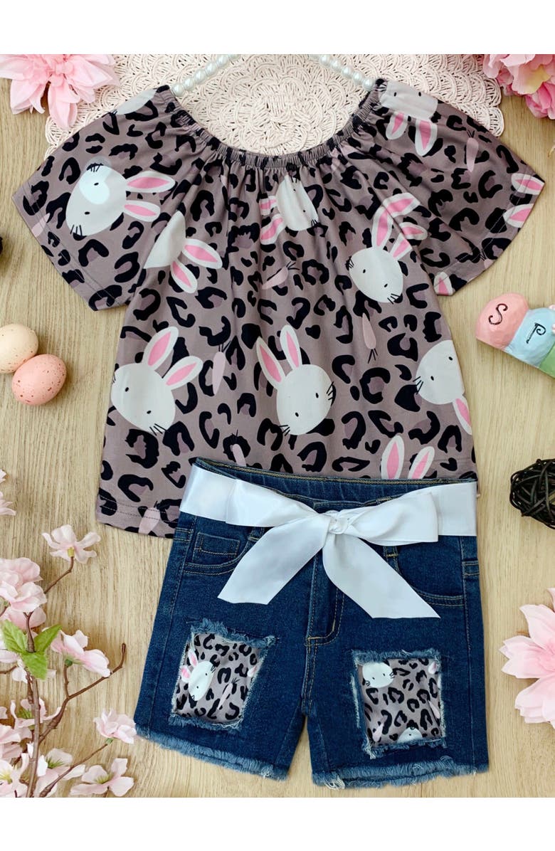 Mia Belle Girls Girls Oh Bunny! Denim Shorts Set, Alternate, color, Leopard