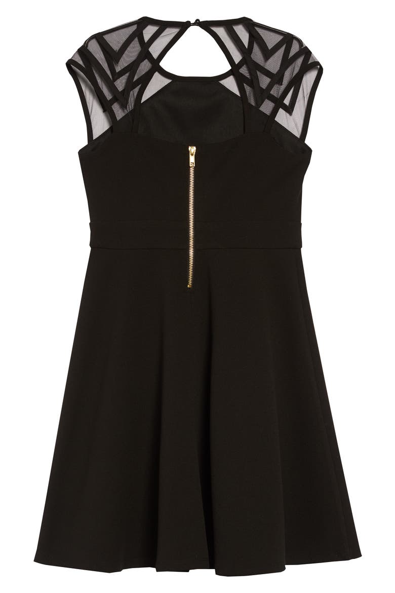 Illusion Shoulder Skater Dress, Alternate, color, BLACK