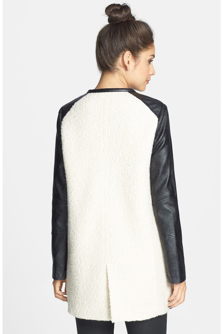 Colorblock Faux Leather Bouclé Knit Coat, Alternate, color, IVORY