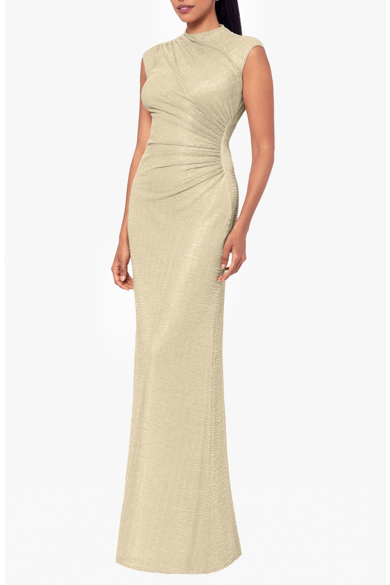 Ruched Sleeveless Crinkled Metallic Column Gown, Alternate, color, GOLD/ GOLD