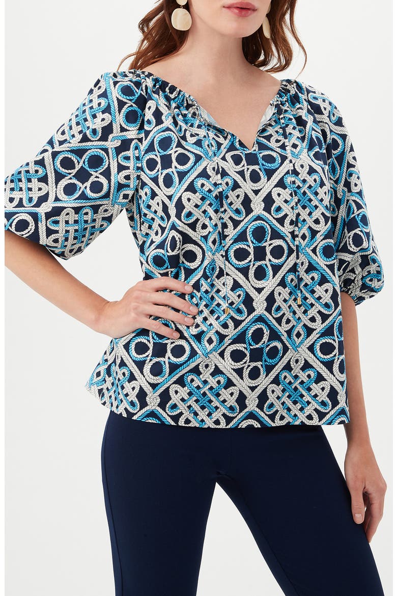 Vista Las Palmas Organic Cotton Elbow-Length Puff Sleeve Top, Alternate, color, BLUE MULTI