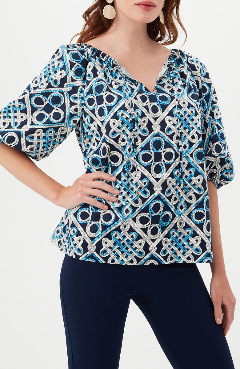 Trina Turk Vista Las Palmas Organic Cotton Elbow-Length Puff Sleeve Top, Alternate, color, Blue Multi