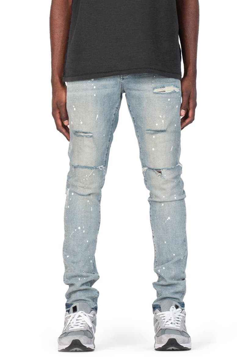 Ripped Paint Splatter Stretch Skinny Jeans, Main, color, LIGHT INDIGO PAINT