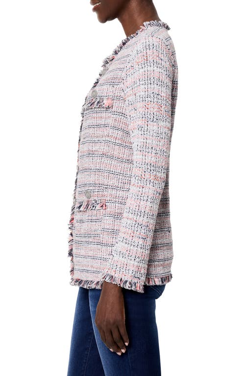 Nic + Zoe Nic & Zoe Femme Plaid Fringe Mix Knit Jacket In Pink Multi