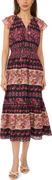 CeCe Print Flutter Sleeve Midi Dress