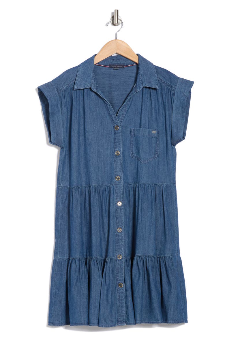 Tiered Chambray Shirtdress, Alternate, color, MED BENSON