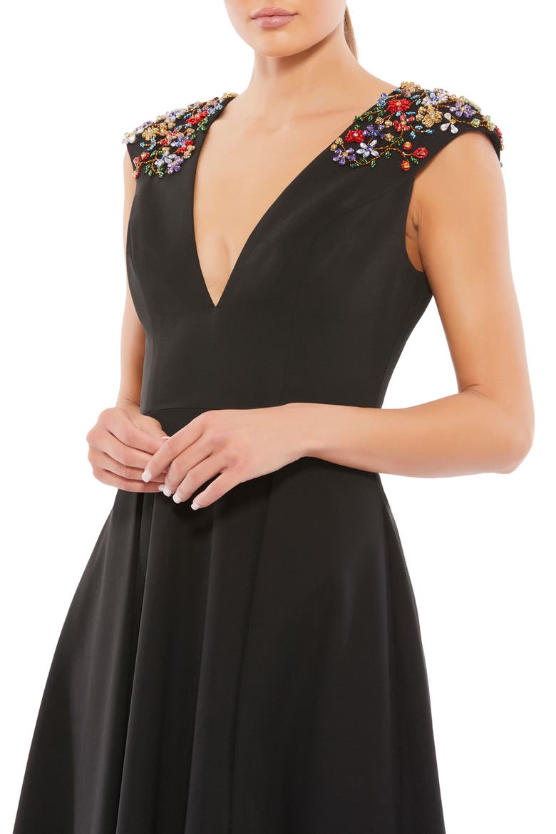 Plunging A-Line Midi Dress, Alternate, color, BLACK MULTI