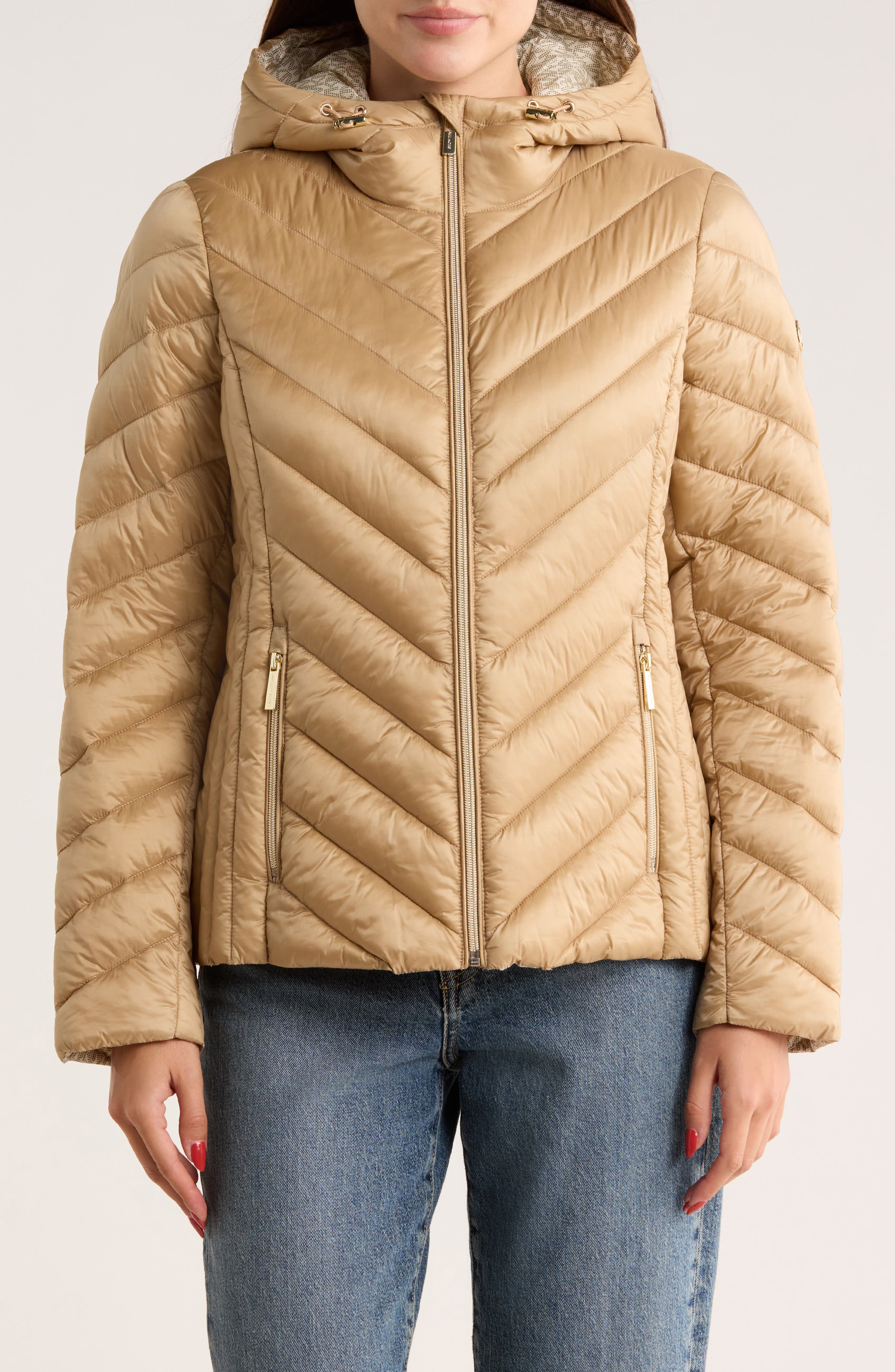 Michael Kors Hooded Packable Chevron Quilted Jacket