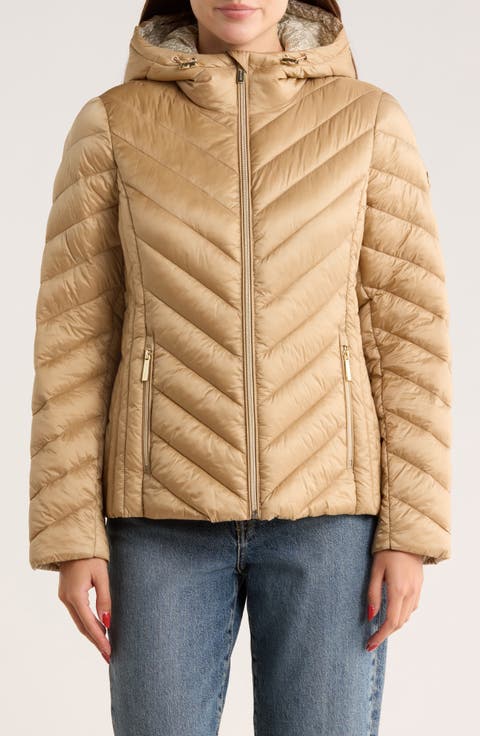 Hooded Packable Chevron Quilted Jacket