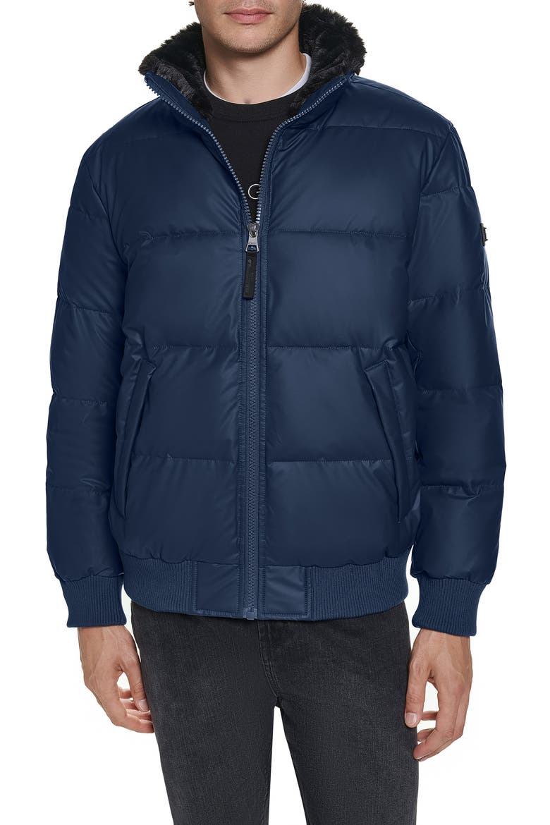 Quilted Bomber Jacket with Faux Shearling Collar, Main, color, NAVY