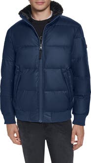 KARL LAGERFELD PARIS Quilted Bomber Jacket with Faux Shearling Collar