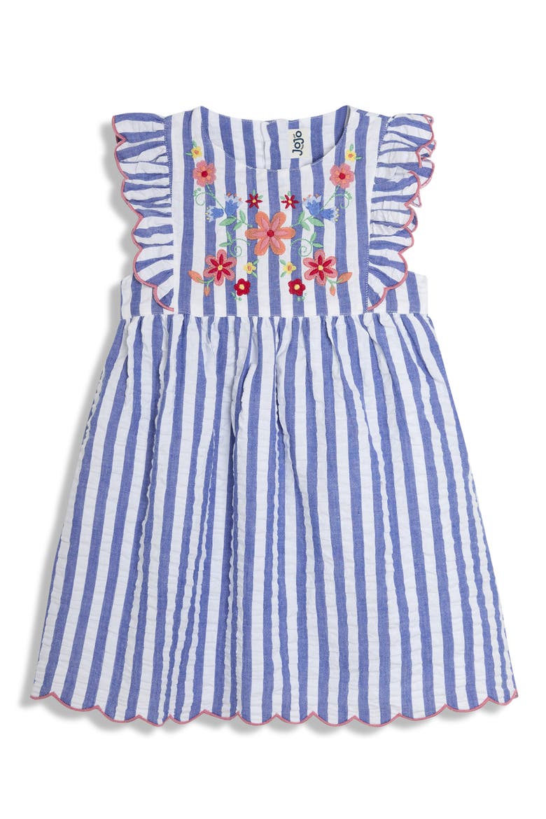 Floral Embroidered Frill Cotton Seersucker Sundress, Main, color, BLUE