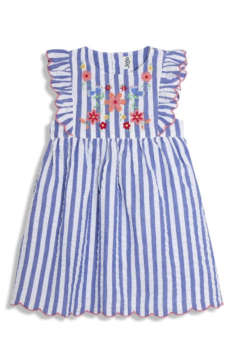 JOJO MAMAN BEBE Floral Embroidered Frill Cotton Seersucker Sundress, Main, color, Blue