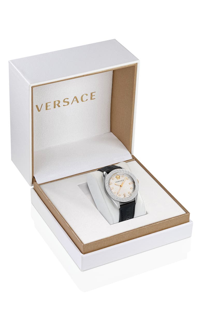 Versace Greca Dome Leather Strap Watch, 42mm, Alternate, color,