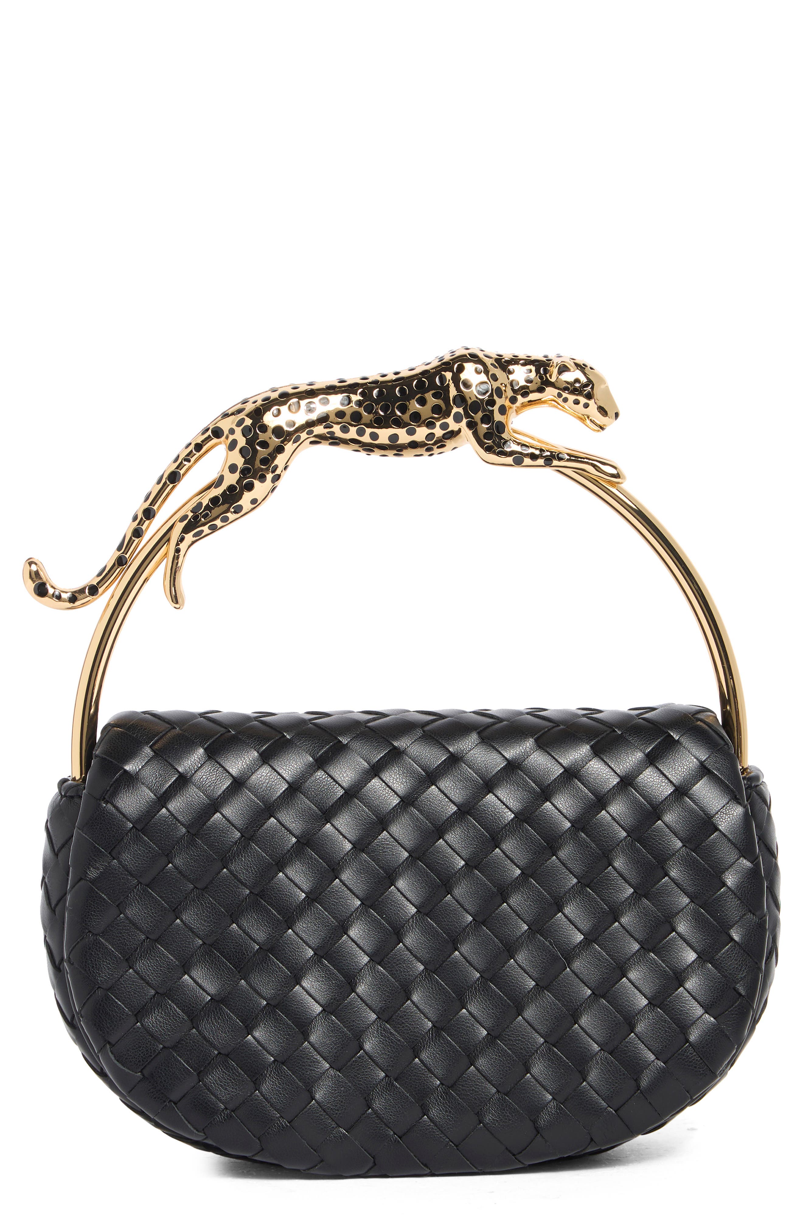 Ione Leopard Shaped Hardware Woven Clutch, Main, color, BLACK