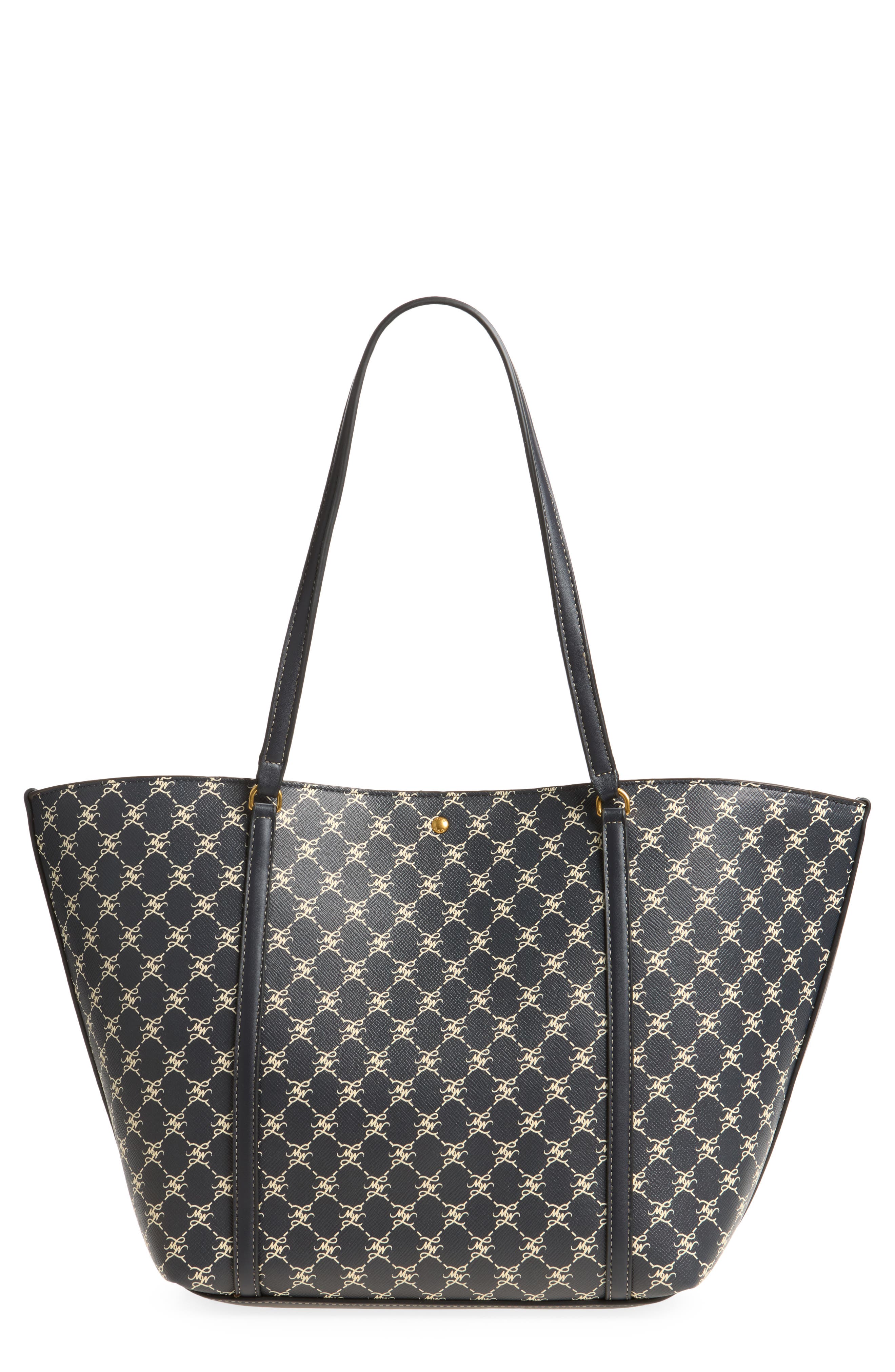 Monogram Faux Leather Tote, Main, color, NAVY