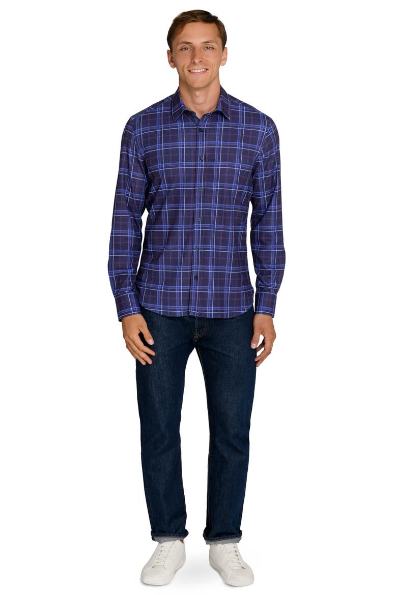 Slim Fit Textured Winston Plaid Performance Long Sleeve Shirt, Alternate, color, DARK PURPLE