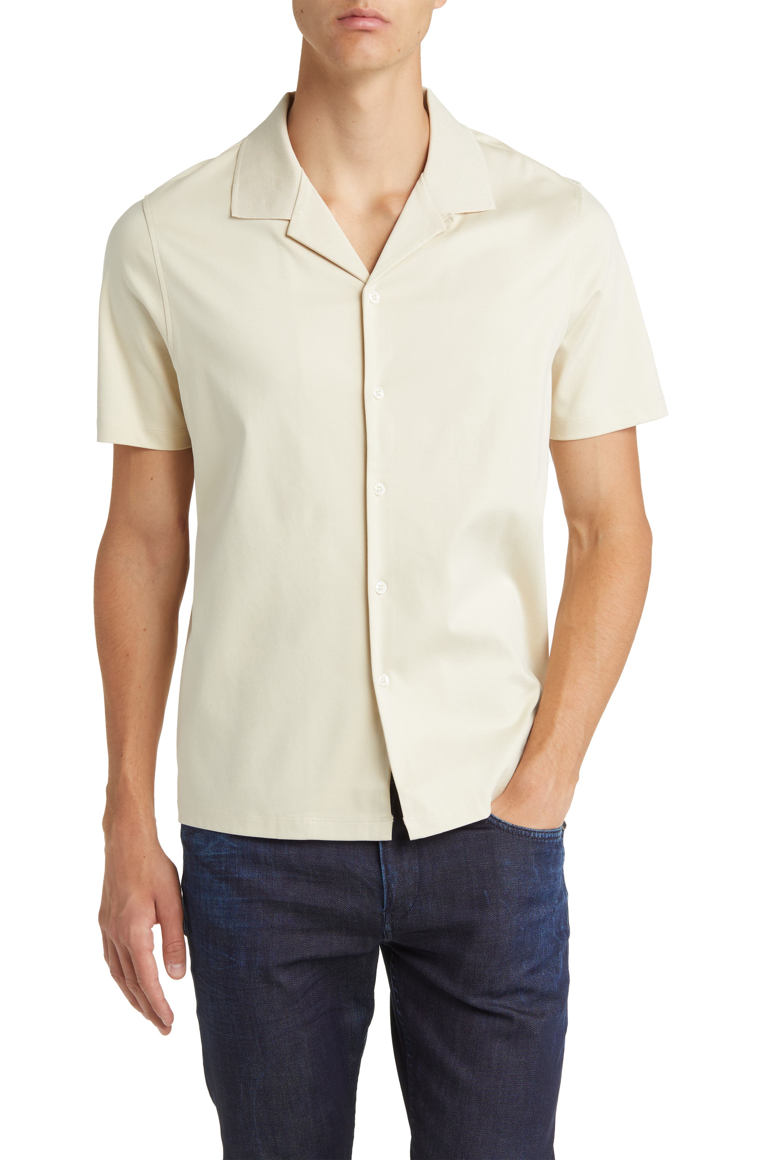 BOSS Powell Solid Short Sleeve Cotton Button-Up Camp Shirt