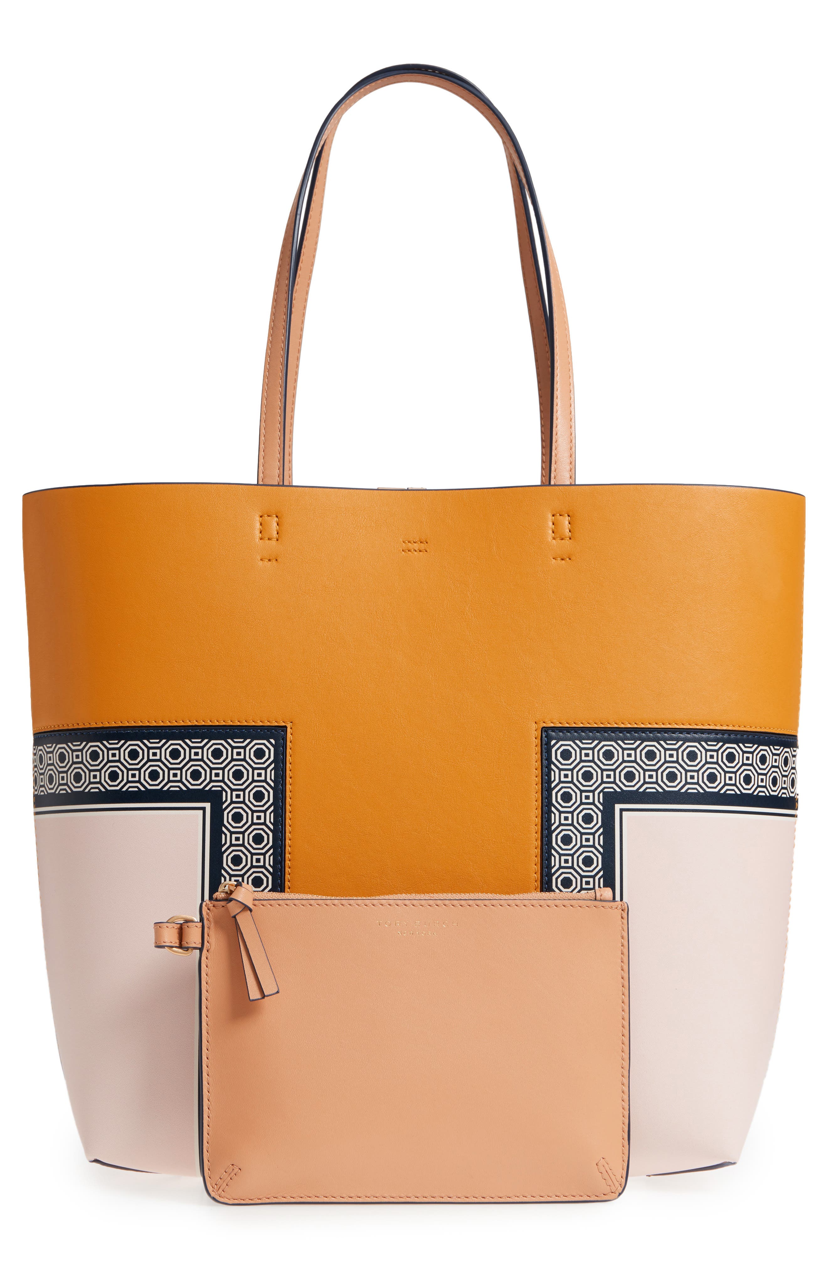 Tory Burch Block-T Stripe Leather Tote, Alternate, color, 