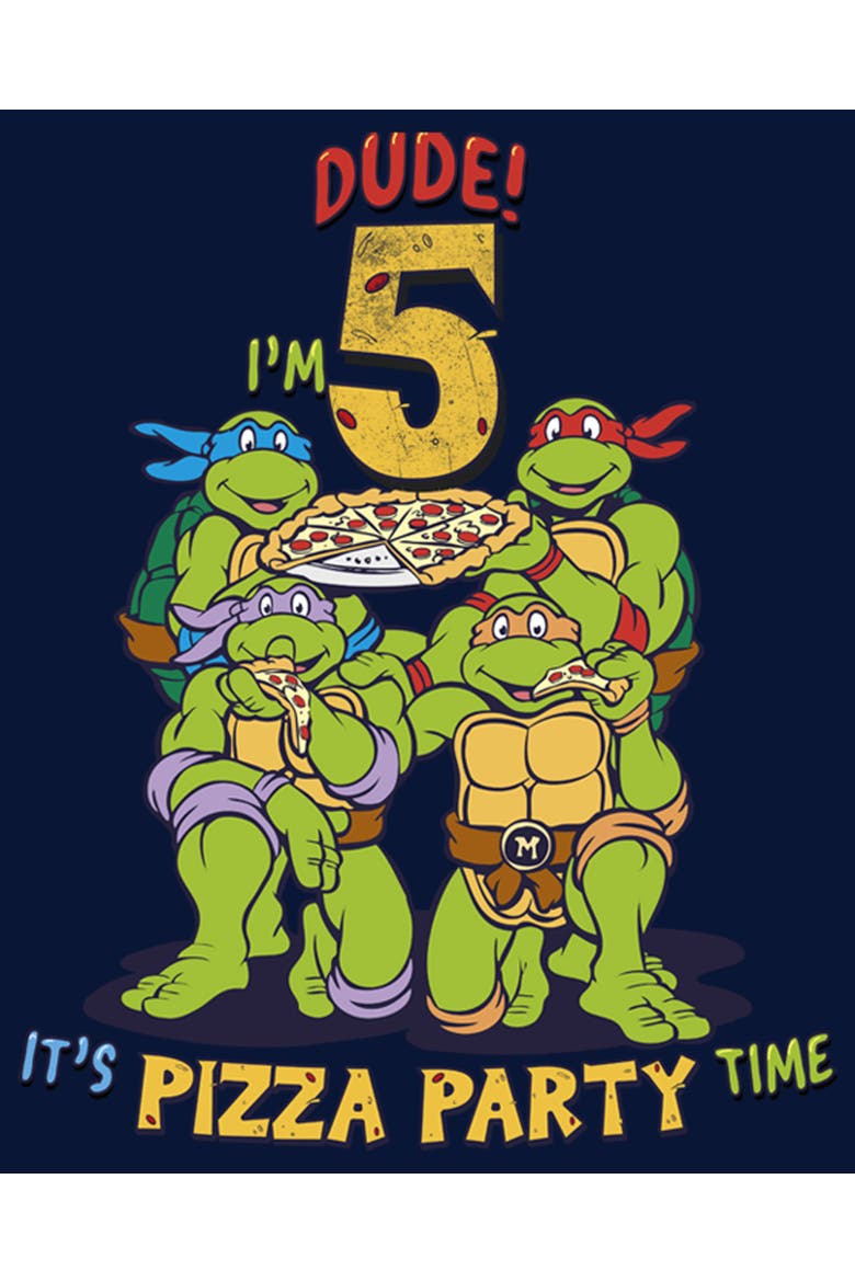 Boy's Teenage Mutant Ninja Turtles 5th Birthday Pizza Party  Graphic T-Shirt, Alternate, color, Navy Blue