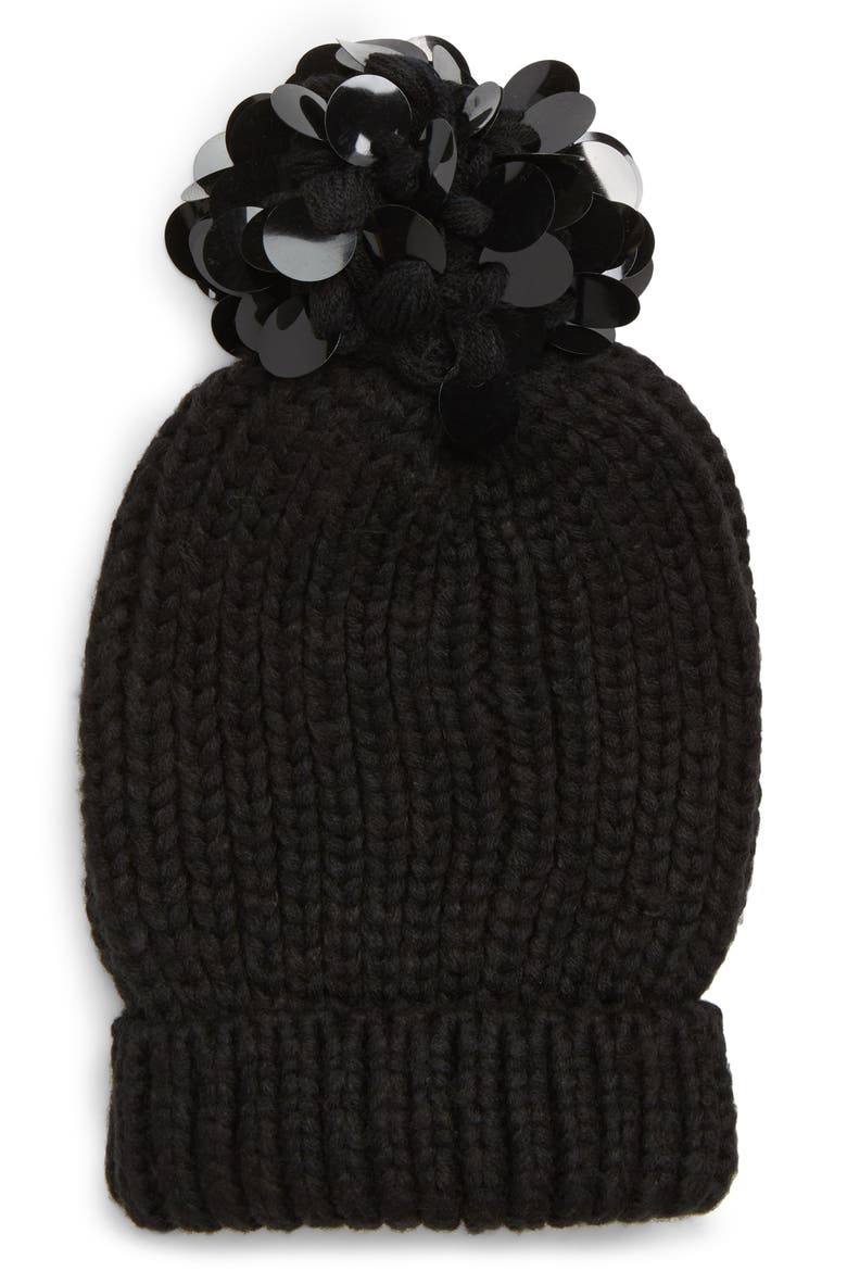 Sequin Pompom Beanie, Main, color, BLACK