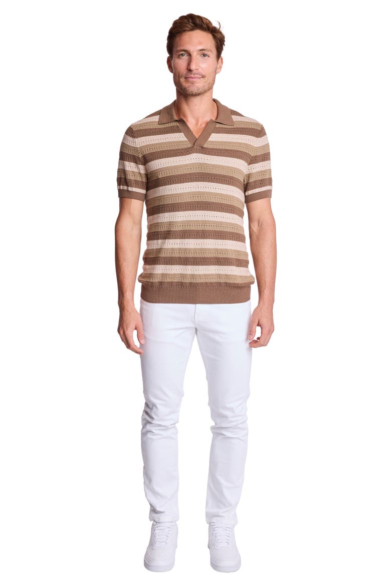 Trim Fit Johnny Collar Stripe Knit Polo, Alternate, color, MAPLE OATMEAL
