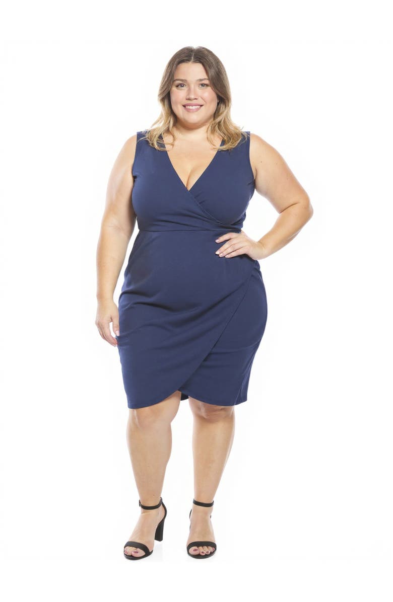 24seven Comfort Apparel Plus Size Solid V-Neck Sleeveless Faux Wrap Tulip Hem Midi Dress, Main, color, Navy