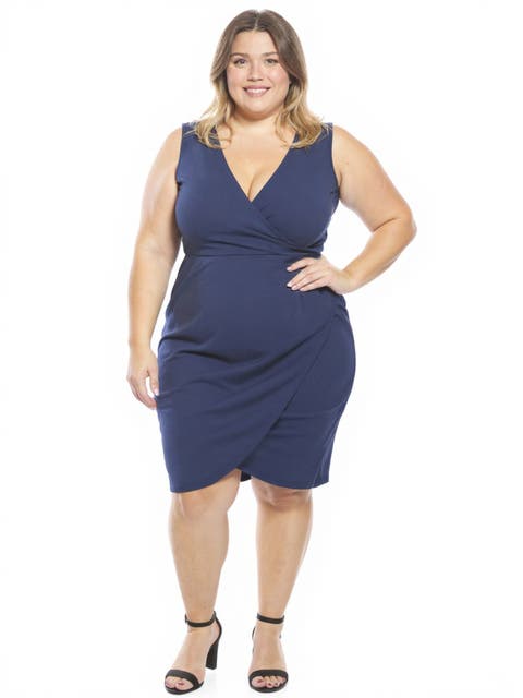 Plus Size Solid V-Neck Sleeveless Faux Wrap Tulip Hem Midi Dress