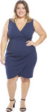 24seven Comfort Apparel Plus Size Solid V-Neck Sleeveless Faux Wrap Tulip Hem Midi Dress