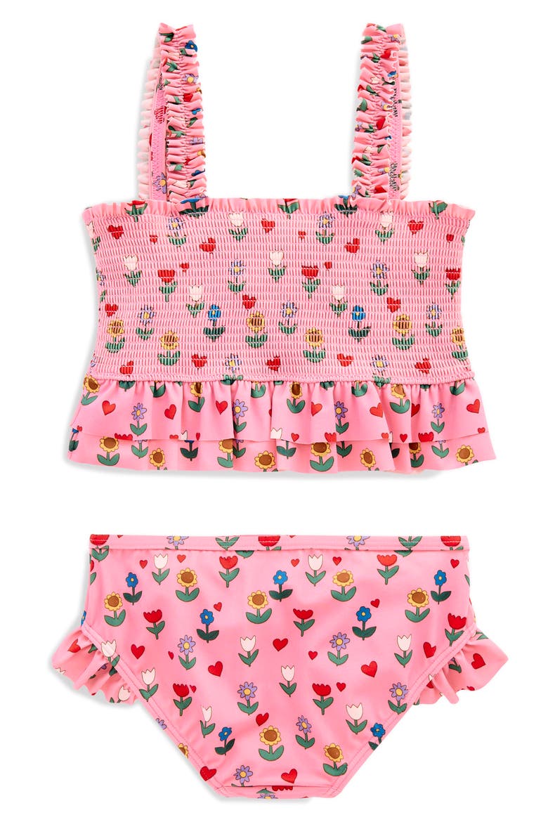 Kids' Smocked Peplum Two-Piece Swimsuit, Alternate, color, ALMOND PINK SUNFLOWER GARDEN