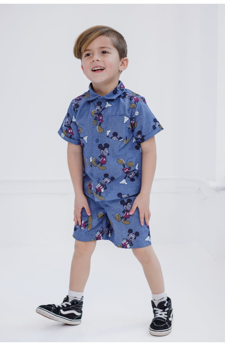 Disney Button-Down T-Shirt & Shorts Set, Alternate, color, Mickey Mouse Blue