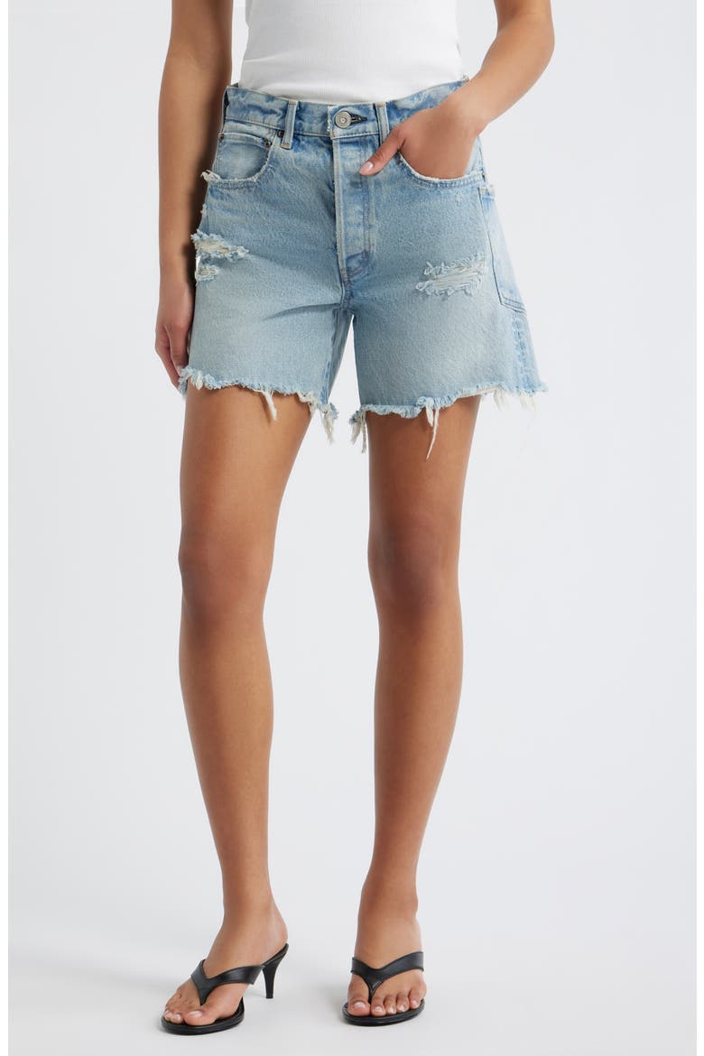 McKendree High Waist Ripped & Repaired Denim Cutoff Shorts, Main, color, LIGHT BLUE